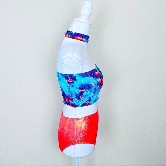 RaveAfterRave Blue Orange Tie Dye Tube Top, Holographic Bottoms, Choker Rave Set - Picture 2 of 5